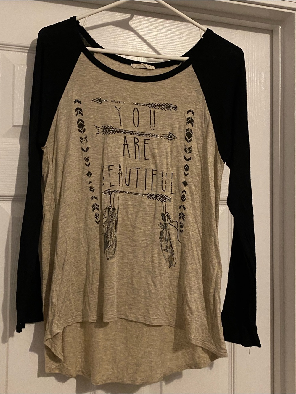 You Are Beautiful Raglan Long-Sleeve Top - Black and Beige